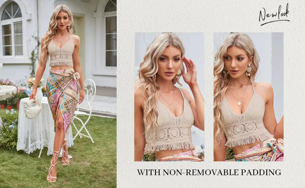 Boho Crochet Halter Top for Women Summer Beach Knit Crop Top with Tassels Backless Sleeveless Bralette