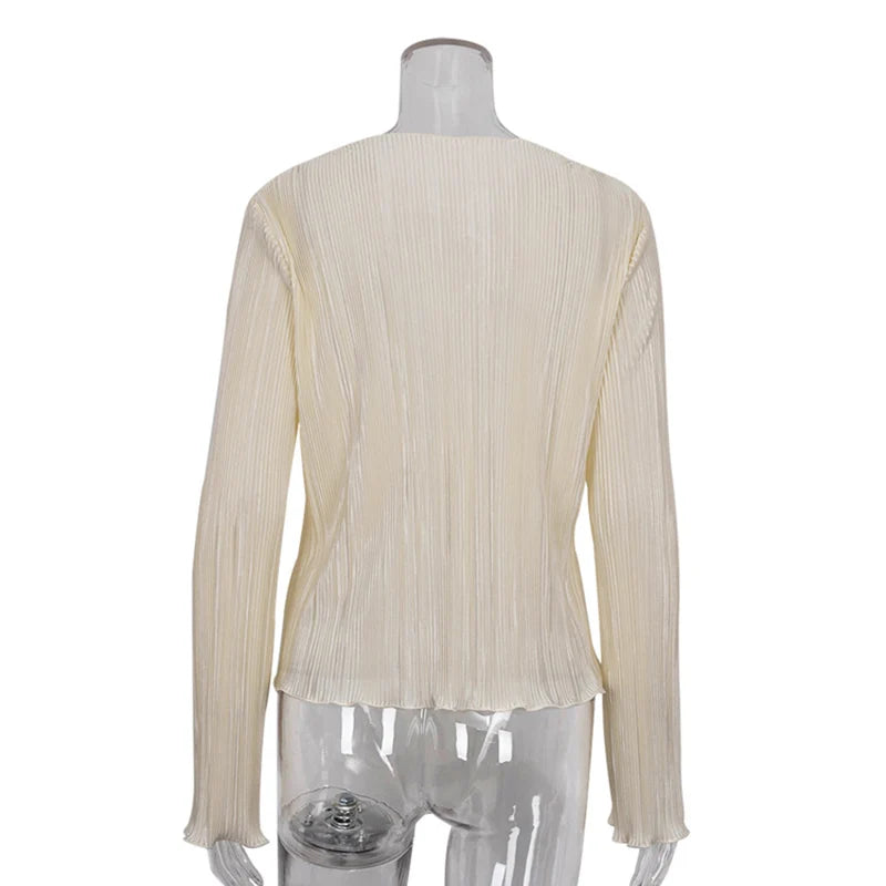 2025 Women Pleated Plain Shirts Spring Fall Chic Long Flare Sleeve V- Neck Tie Up Cardigans Tops for Casual Party Street