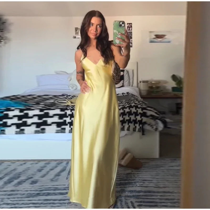 Yellow Elegant Stain Women's Sling Dress Sexy Backless Sleeveless V Neck High Waist Evening Gown Summer Chic Lady Partywear 2025