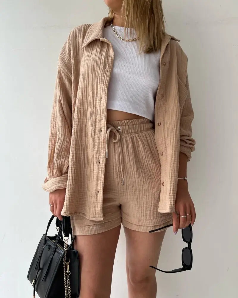 Solid Color Casual Loose Short Pants Sets For Women 2025 Elegant Summer Women's Two Pieces Suit Full Set Female Outfit Clothes