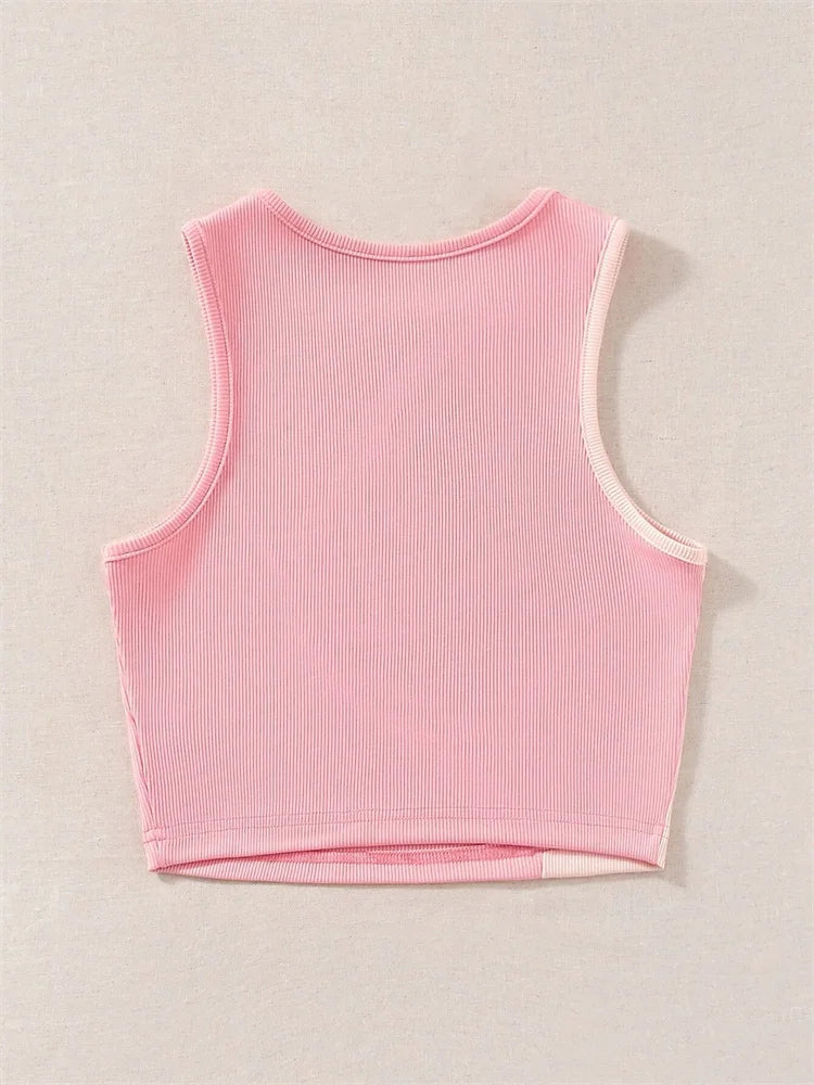 High Street Style Patchwork Rib Knit Sleeveless Crop Top Women Summer Y2K Clothes Korean Fashion Tank Top Tee Streetwear 2023