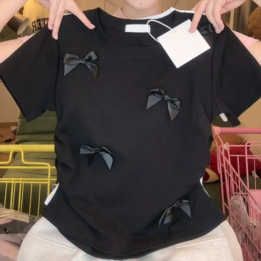 Elegant Ballet Bowknot T Shirts Round Collar Japanese Style Women Top Solid Color Short Sleeve Ribbon Crop Tank Top Women Girl