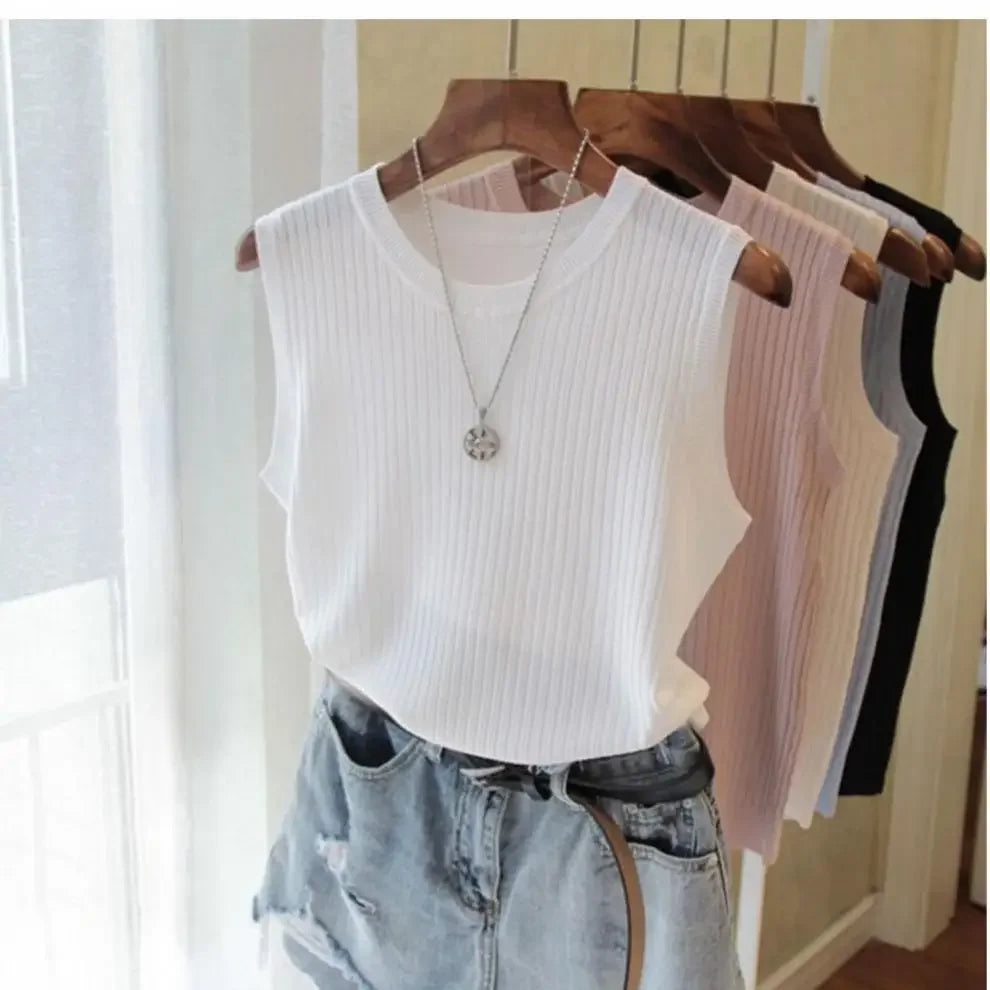 Korea Knitted Vests Women Top Summer Sleeveless Blouse Women O-neck Knitted Blouse Shirt Clothes Women Tops