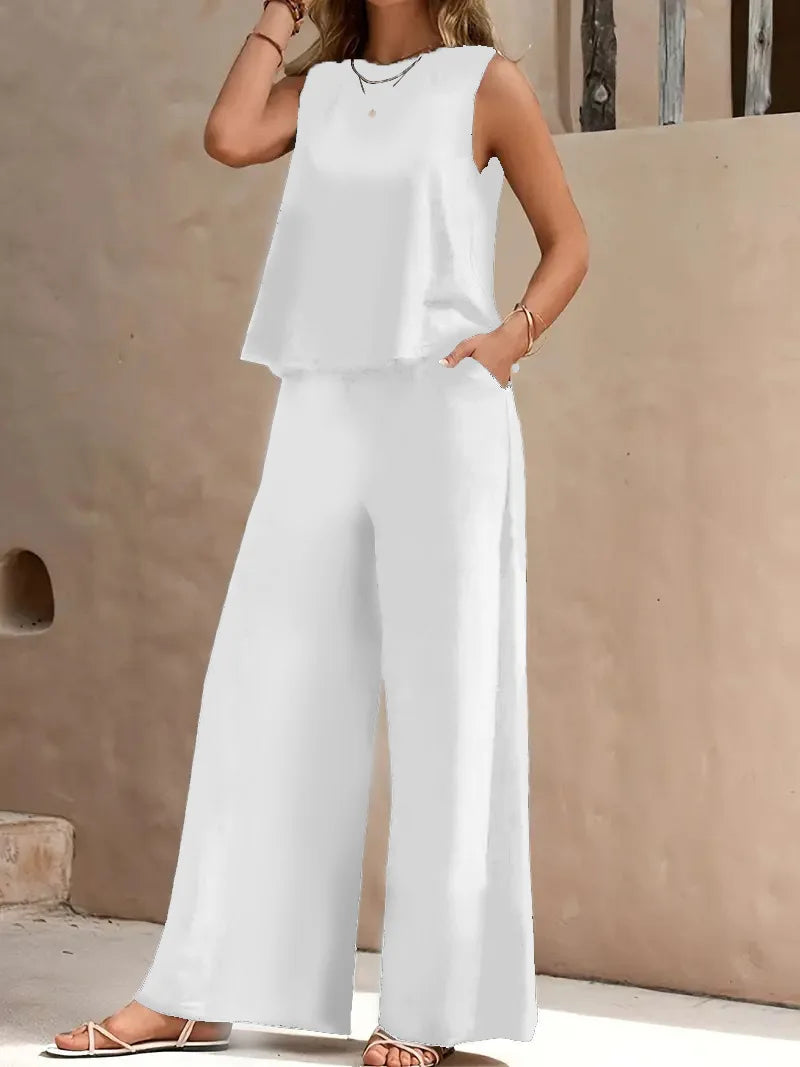 QX Womens Sleeveless Summer 2025 Pants Suit Flash Sale Solid Color Elegant Two Piece Round Neck Suit