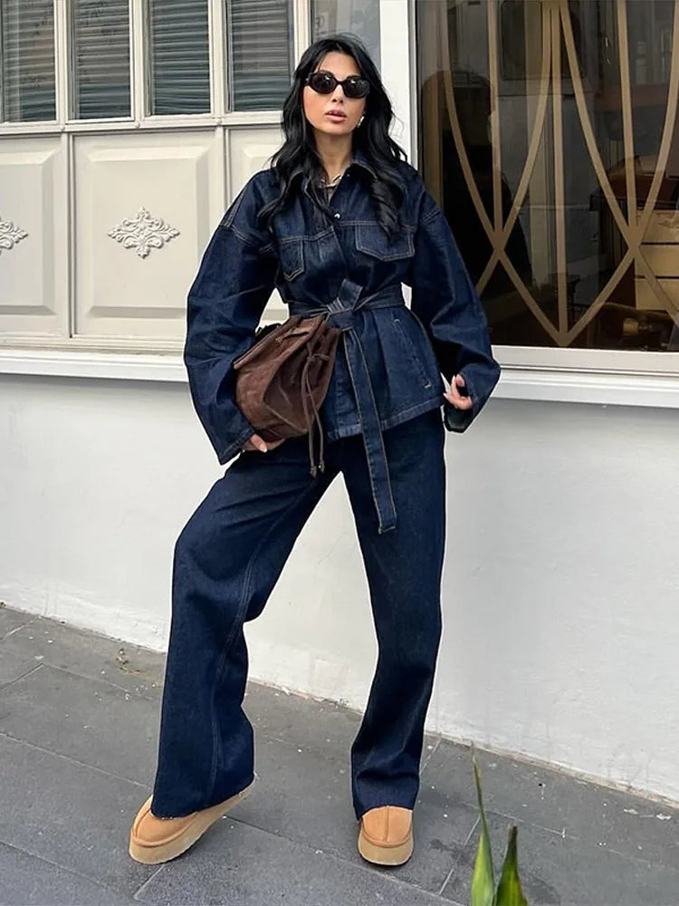 Women Two Pieces Set Denim Pant Sets Single Breasted Long Sleeve Belt Coat Wide Leg Trousers Jeans Female 2 Pieces Outfits