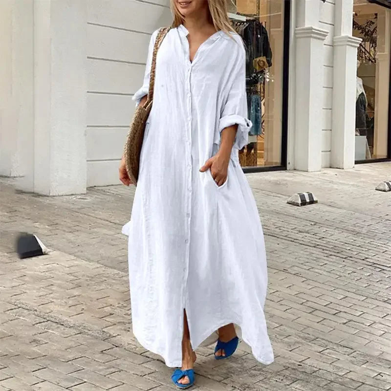 Women's L-5XL Plus Size Oversized Summer Casual Loose Pocket Flip Collar Long Dress Solid Color Casual Button Loose Oversized