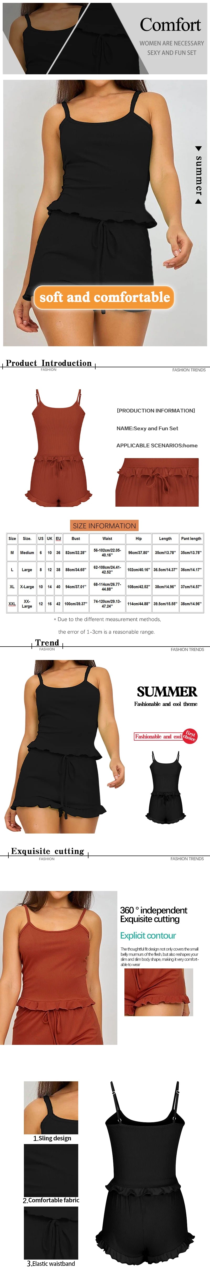 Summer Two-Piece Solid Color Sleepwear Round Neck Sexy Suspender Ribbed Knitted Pleated Vest Shorts Casual Women's Sleepwear Set