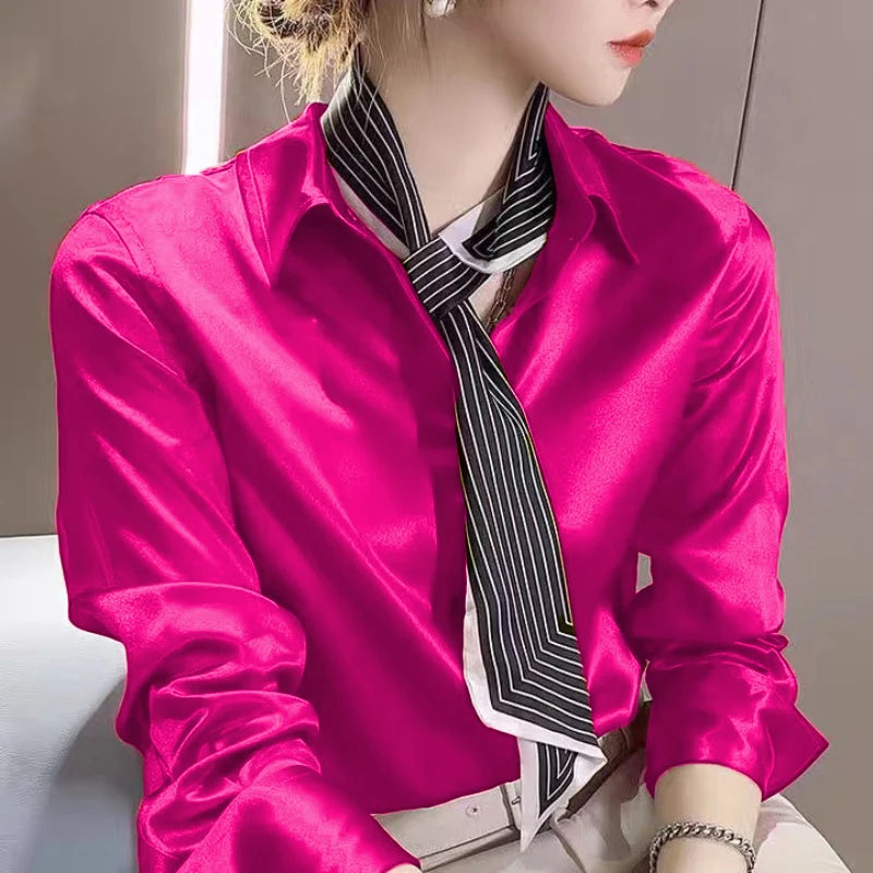 Solid Color Elegant Office Lady's Satin Shirt All-Match Trendy Women Shirts And Blouses Basic Chic Top Autumn French Chic Shirt
