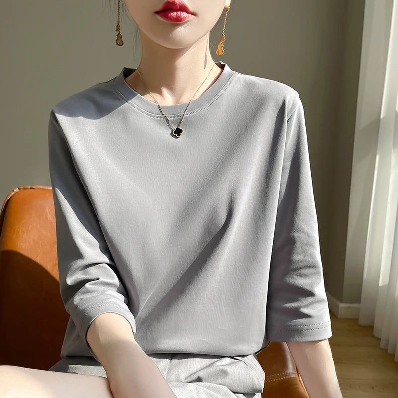 Spring And Summer New White Mercerized Cotton Short Sleeve T-Shirt Feminine Joker Cotton Cropped Sleeve Bottoming Shirt