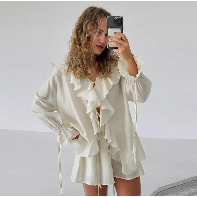 Fashion Solid Women 2 Piece Set Casual Flare Sleeve Lotus Leaf Edge Lace Up Mesh Sheer Shorts Suit 2025 New Lady Commute Outfit