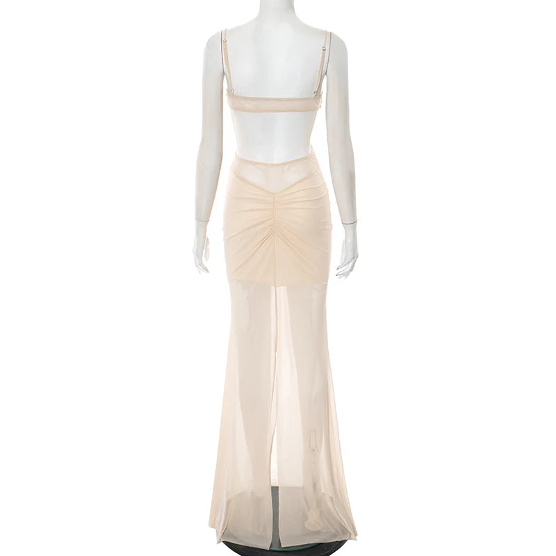 Sexy Off Shoulder Mesh See Through Maxi Dress Women Backless Ruched Elegant Gown 2025 Summer Night Prom Birthday Outfits