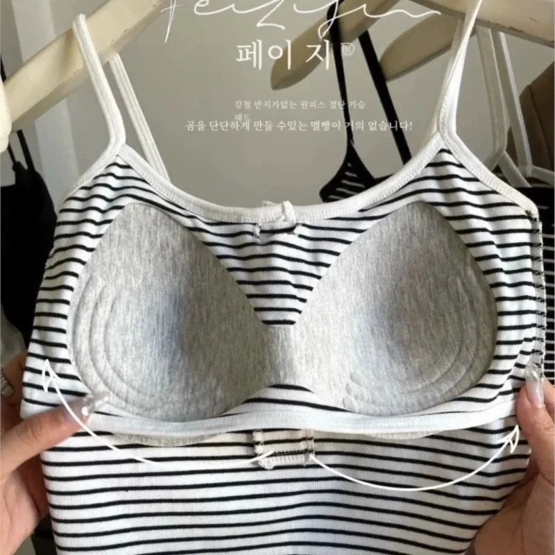 White Stripe Small Cami Women Autumn Gyaru Sexy Button Slim fit Short With Chest Pad Top NS5861