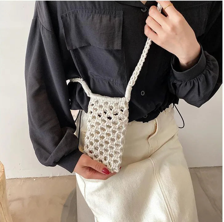 Women Fashion Small Crossbody Phone Bag Solid Color Hollow-out Woven Crochet Lightweight Braided Shoulder Handbag Crossbody Bags
