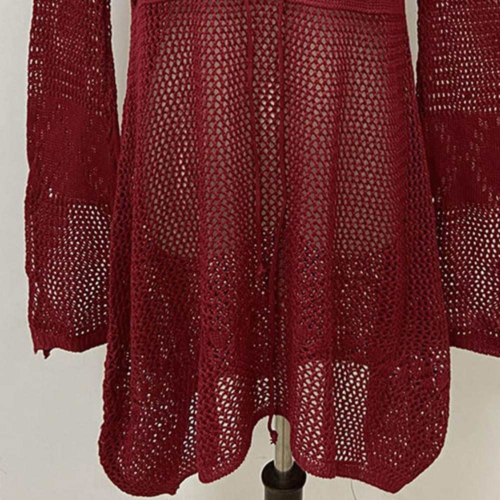 Sexy Women’s Bathing Suit Beach Cover Up Hollow Out Knitted Women Flared Sleeves Solid Color Beach Dress saida de praia