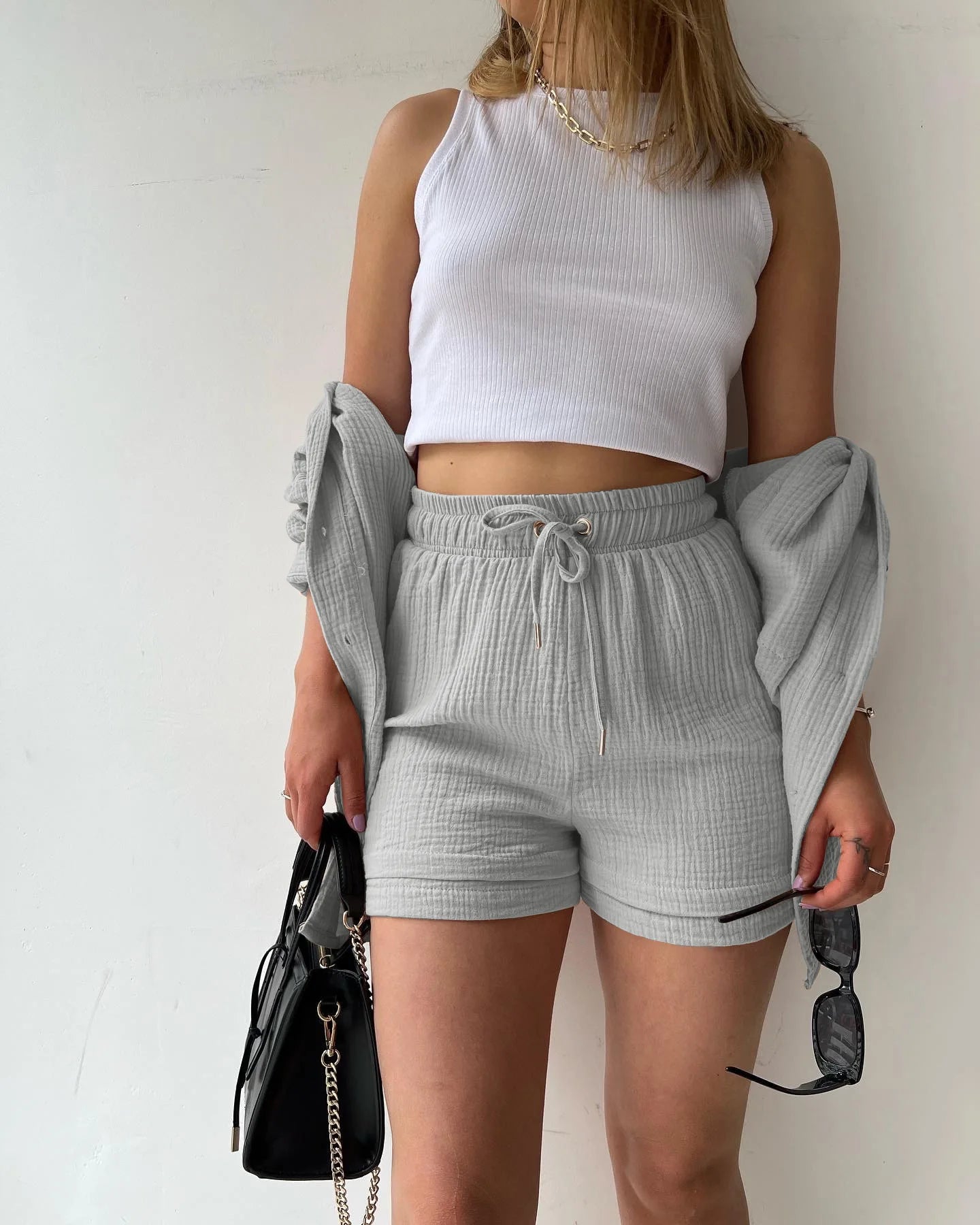 Solid Color Casual Loose Short Pants Sets For Women 2025 Elegant Summer Women's Two Pieces Suit Full Set Female Outfit Clothes