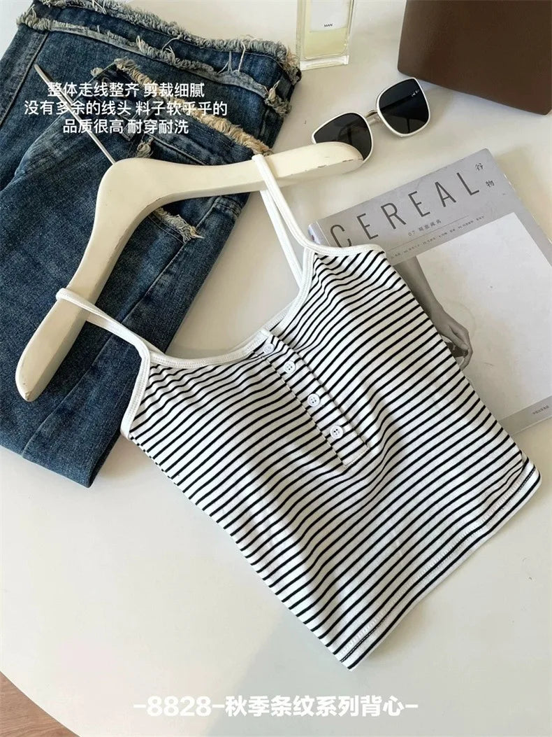White Stripe Small Cami Women Autumn Gyaru Sexy Button Slim fit Short With Chest Pad Top NS5861