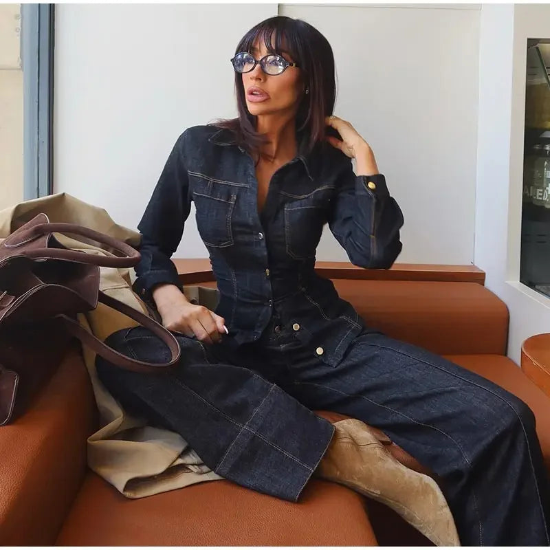 Women Two Pieces Set Denim Pant Sets Single Breasted Long Sleeve Belt Coat Wide Leg Trousers Jeans Female 2 Pieces Outfits