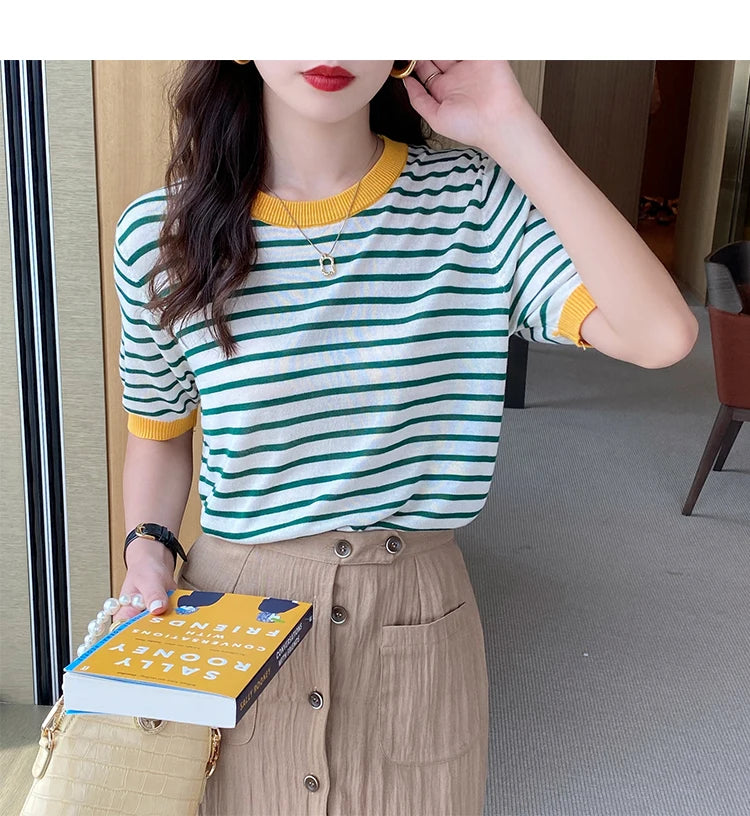 2025 Stripe Tops Women Knitted Round Collar Summer Print Short Sleeve Casual Simple Wild T-Shirt
