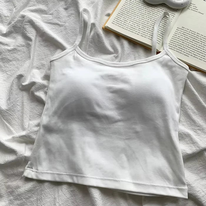 Women's Solid Color Spaghetti Straps Sleeveless Slim Camisole with Chest Pad Cotton Summer Wear Outside Female Short Tops Vests