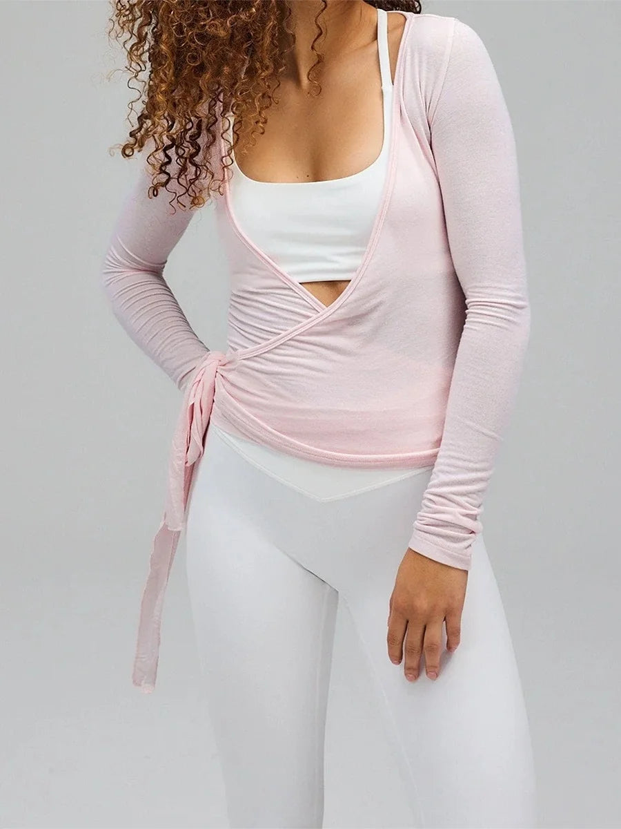 Women's Yoga Shirts Wrap Ruched Tie Front Long Sleeve Workout T Shirts Sexy Deep V Neck Slim Fit Casual Cropped Top