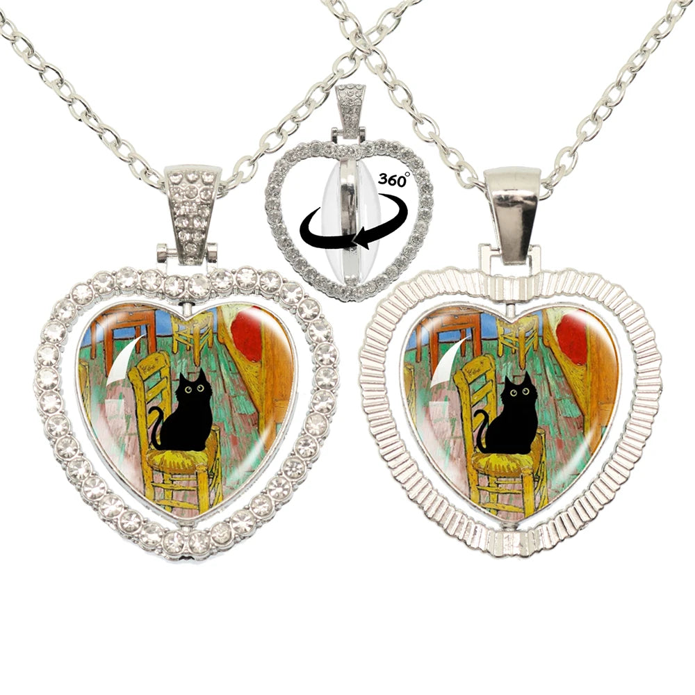 Lovely Little Cat Glass Cabochon 360 Degree Rotating Heart Shaped Pendant With Double-Sided Necklace For Girls' Birthday Gift Je