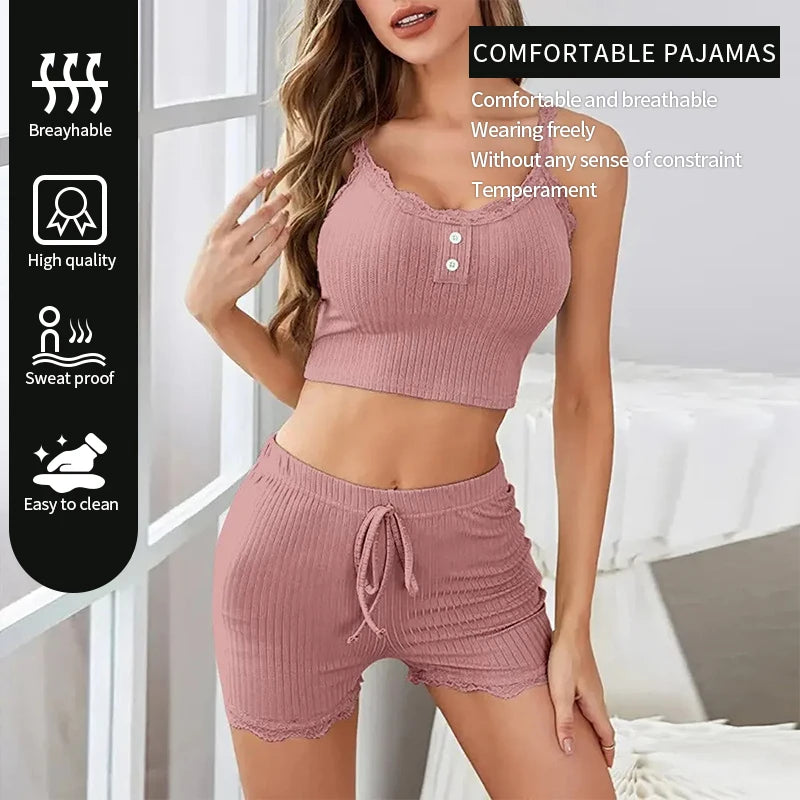 Women's Ribbed Knitted Two-Piece Pajama with Exposed Navel Lace Camisole Vest and Shorts Pajama Set for Casual Home Use