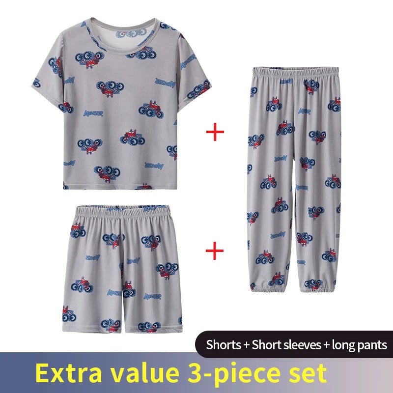 3 Piece Children's Summer Short-sleeved Pants And Shorts Three-piece Boy And Girl Comfortable Thin Air-conditioned Pajamas Set