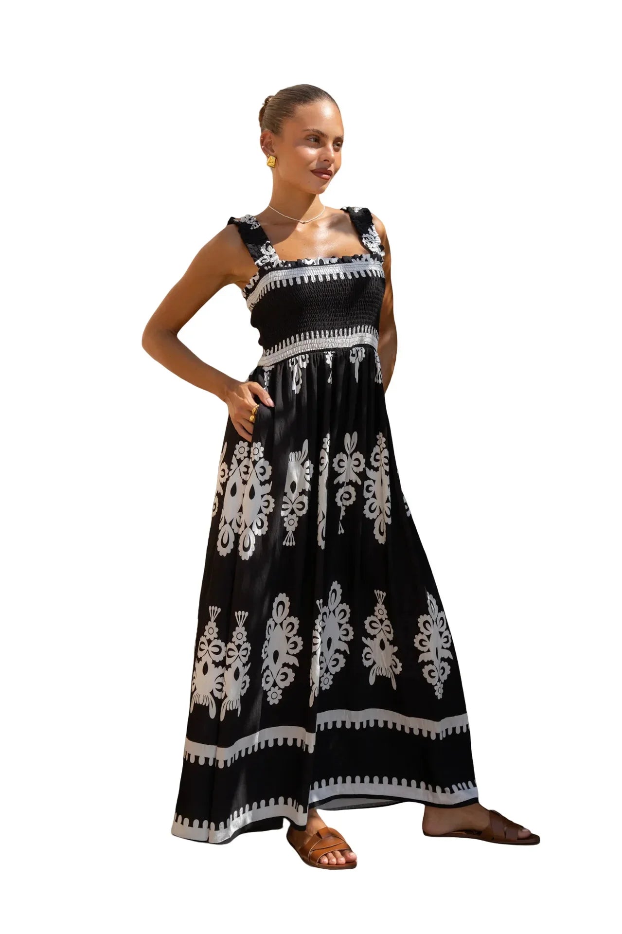 2025 Summer Fashion New Women's Bohemian Style Dress Beach Vacation Printed Strap Fold A-line Length Dress