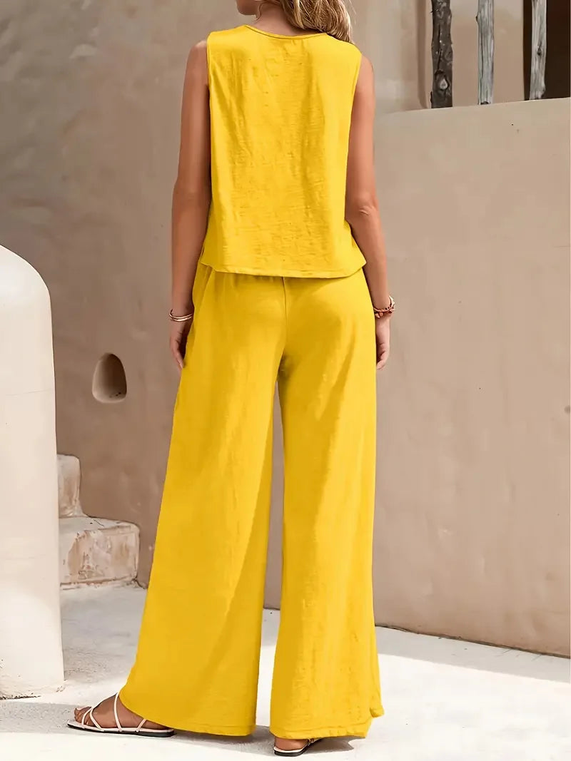 QX Womens Sleeveless Summer 2025 Pants Suit Flash Sale Solid Color Elegant Two Piece Round Neck Suit