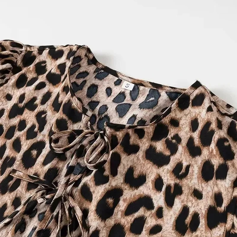 TRAF Leopard Print Crop Top Women Puff Sleeve Ruffle Blouses Woman 2024 Summer Shirts and Blouses for Women Ruched Ladies Tops