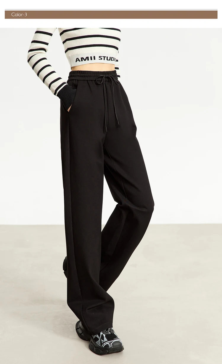 AMII Minimalism Casual Pants for Women 2025 Spring Wide Leg New Loose Vertical Elastic Waist Drawstring Sporty Trousers 12343338