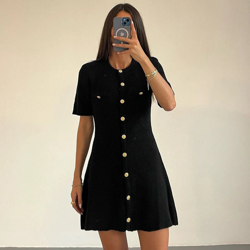 White Elegant Knitted Mini Dress For Women Metal Button Sexy Slim Rib Sweater Dress Holiday Party Outfits Autumn 2024 New