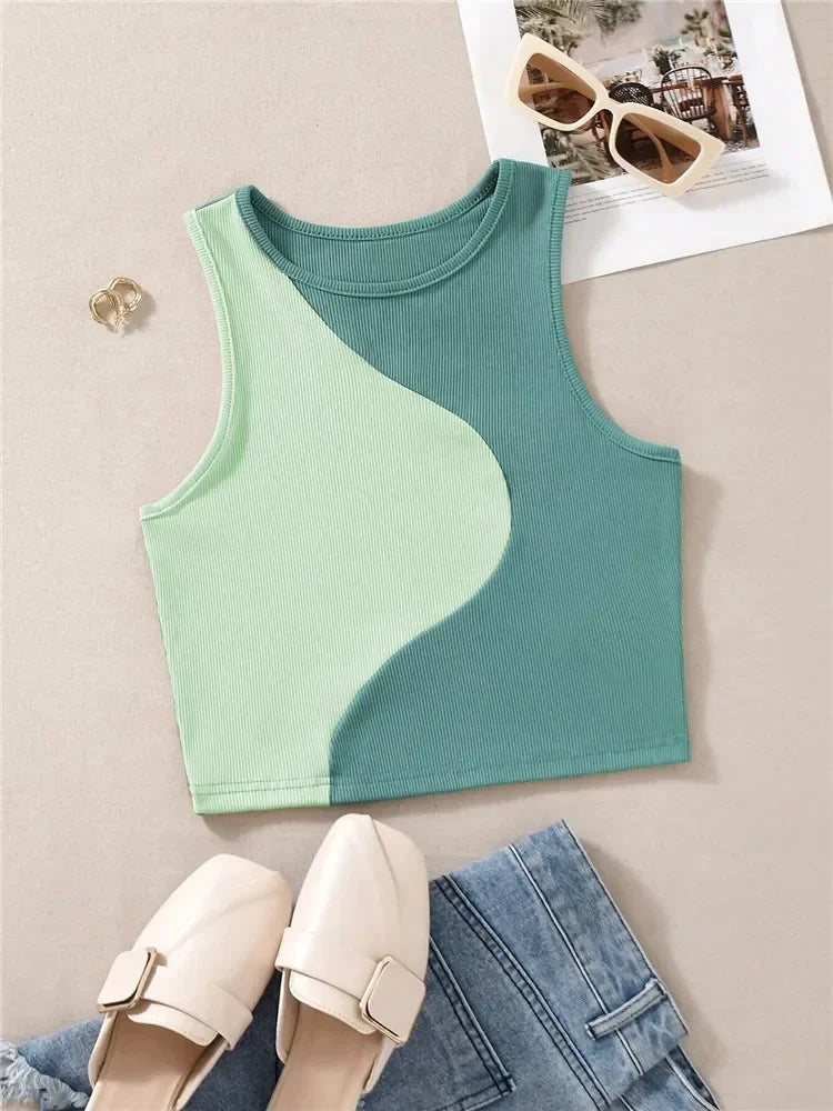 High Street Style Patchwork Rib Knit Sleeveless Crop Top Women Summer Y2K Clothes Korean Fashion Tank Top Tee Streetwear 2023