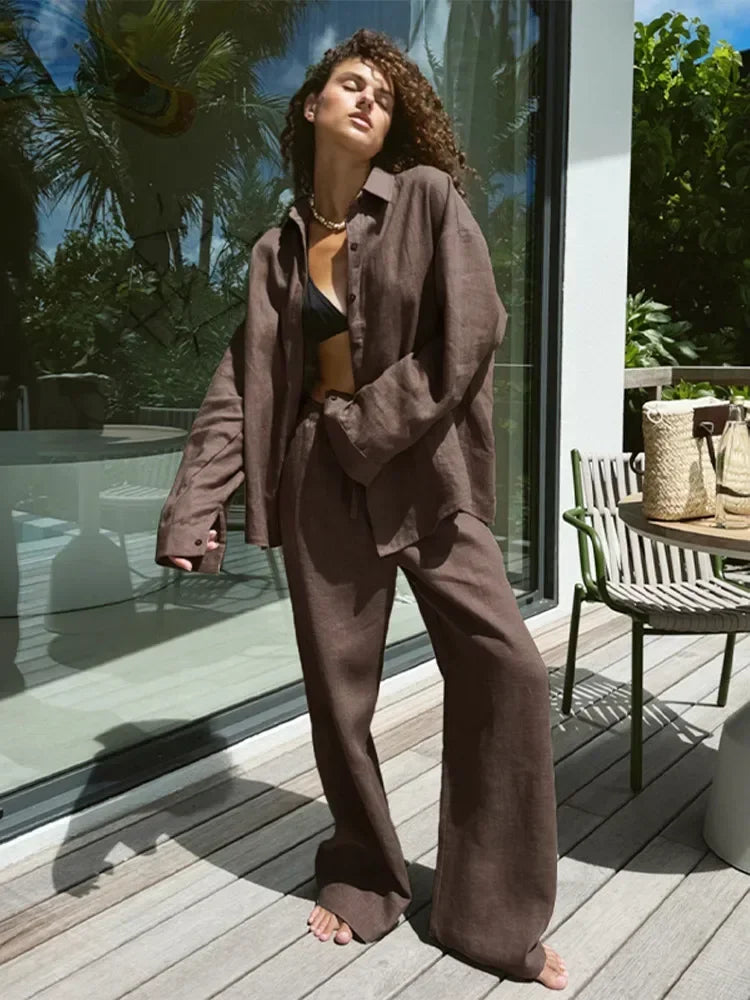 Classic Solid Shirt Pants Set Women Casual Loose Long Sleeved Lapel Elastic Waist Two Piece Suit 2025 New Summer Street Outfit
