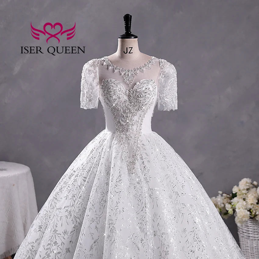 Customized Short Sleeves Sequin Tulle Wedding Dress For Woman 2025 Europe Fashion Wedding Party Dress Lace Appliques WX0397
