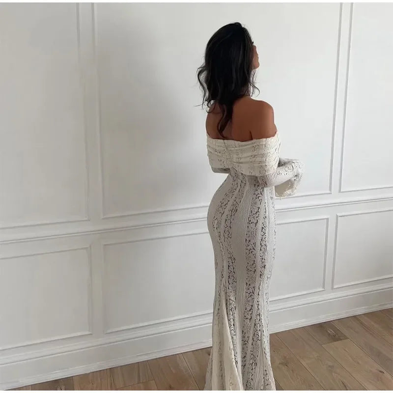 Elegant Cut Out Flared Long Sleeve Maxi Dress Women's Lace Up Hollow Out Off Shoulder Bodycon Vestidos 2025 Lady Outwear Vestido
