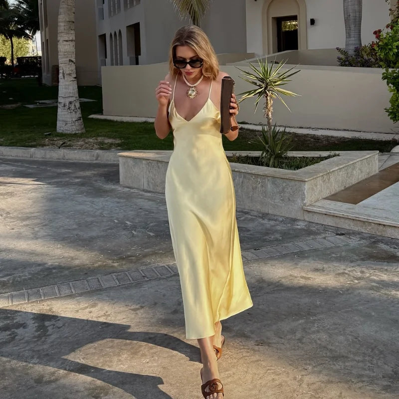 Yellow Elegant Stain Women's Sling Dress Sexy Backless Sleeveless V Neck High Waist Evening Gown Summer Chic Lady Partywear 2025