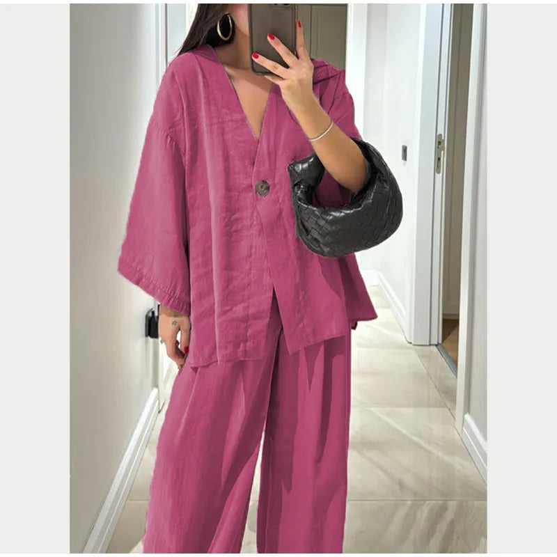 Women Classic Solid Wide Leg Pants Suits Summer Fashion V-neck One Button Loose Blouse Sets Casual Female Daily Streetwear 2025