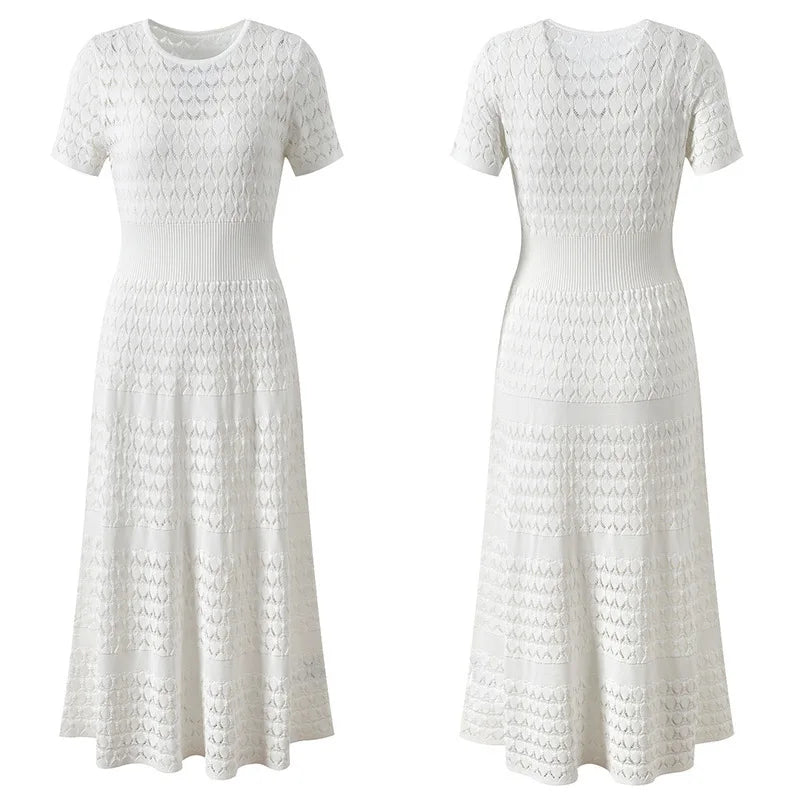 CHUJIE Women's 2025 Summer Lace Trim Dress Set - Round Neck Short Sleeve Midi Dress + Slip Dress 2 Piece Set (Rayon Nylon Blend)