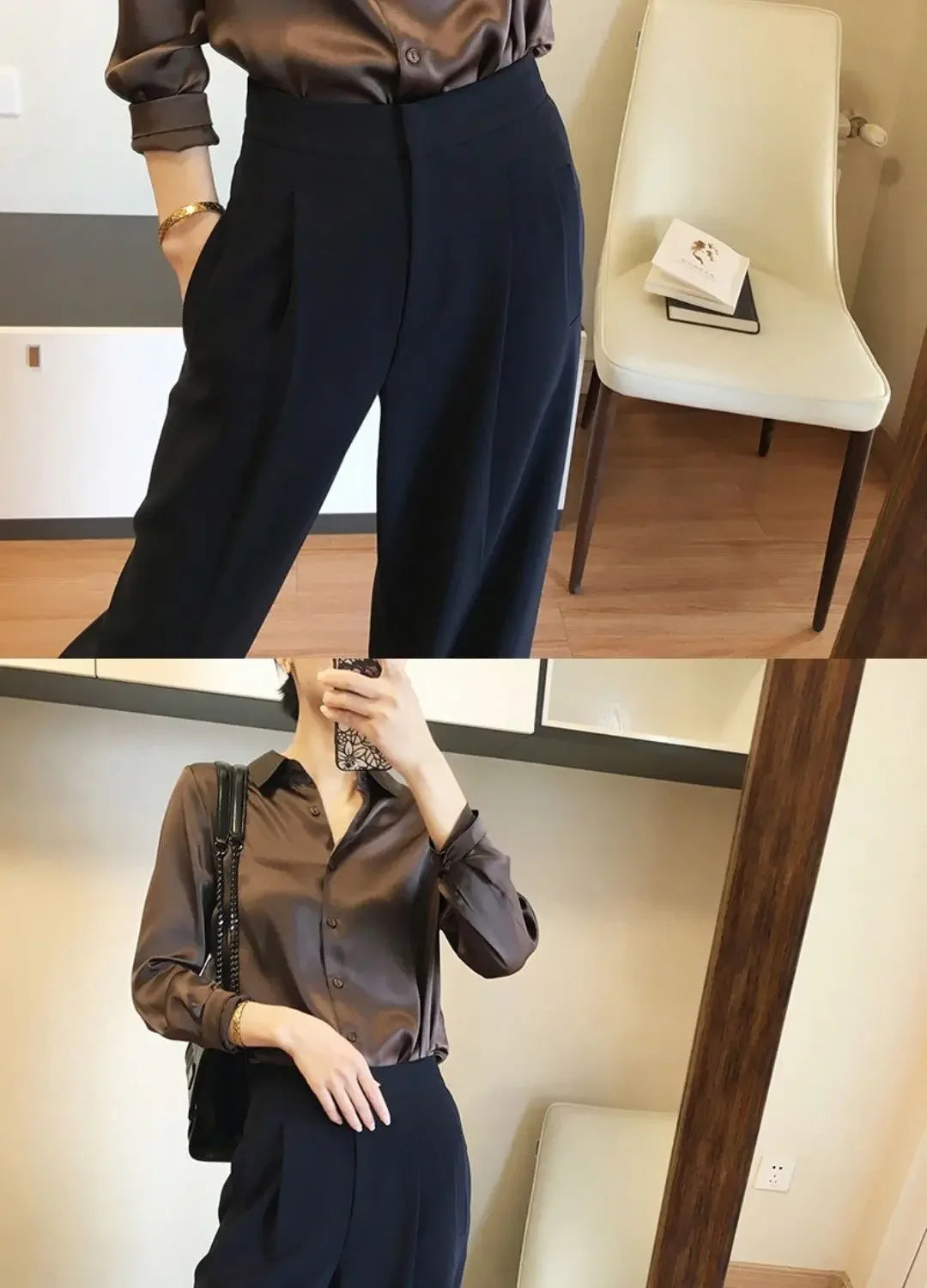 Silk Brown Clothes Wear To Work Office Outfits Long Sleeve Purple Spring Formal Tops for Women Satin Womens Shirt & Blouse Cool