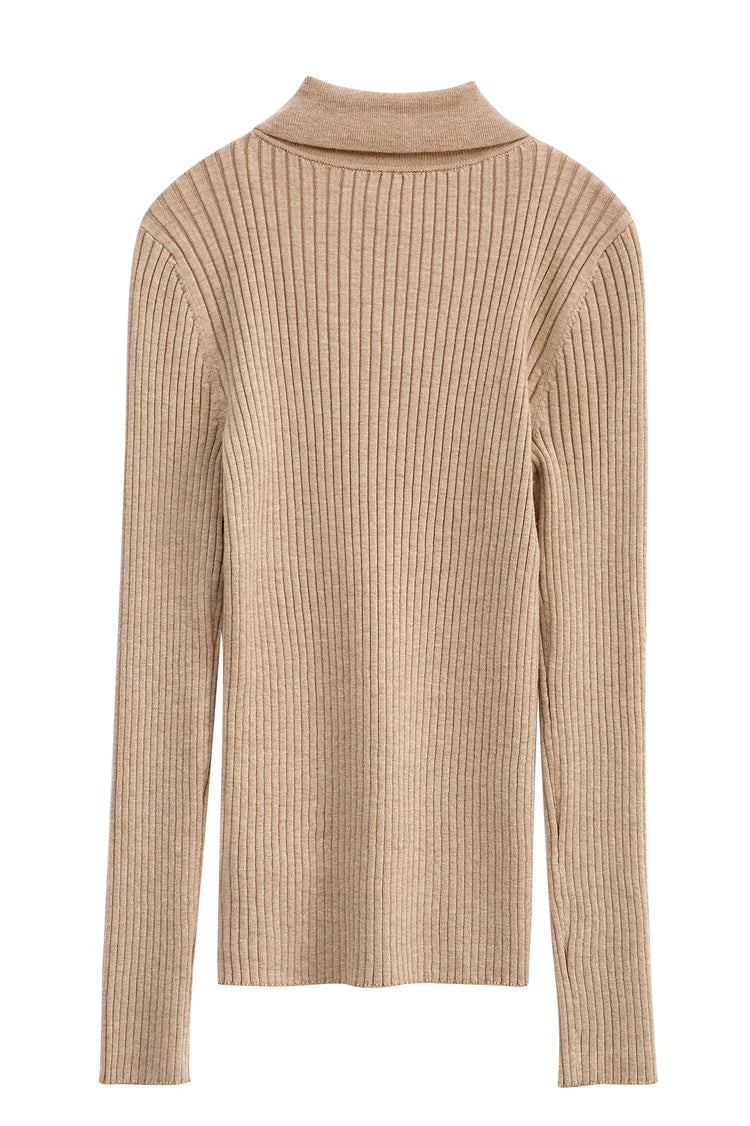 Amii Minimalism 2024 Sweater for Women Autumn New Office Lady Basic Lapel Striped Slim Knitted Tops Solid Trendy Blouse 12444058