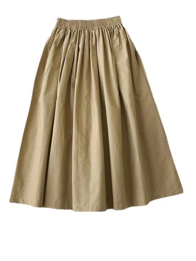 Women White Long Skirt Fashion Pockets Pleated Knee Length Skirts Autumn 2024 New Casual Elegant High Waist A Line Femme Skirts