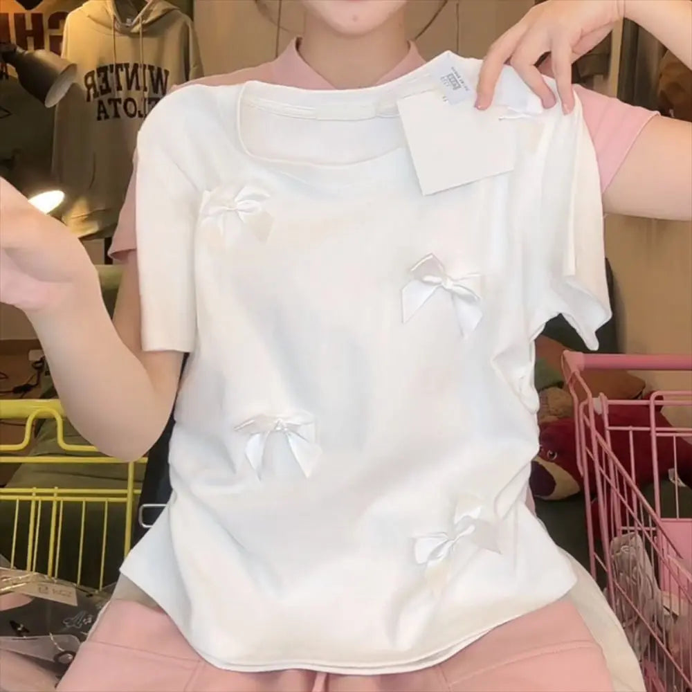 Elegant Ballet Bowknot T Shirts Round Collar Japanese Style Women Top Solid Color Short Sleeve Ribbon Crop Tank Top Women Girl