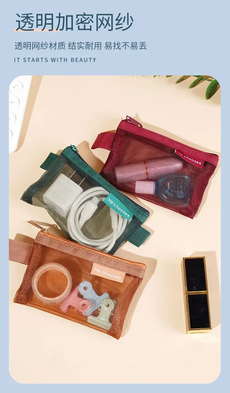 Small Square Solid Color Coin Bag Nylon Mesh Lipstick Key Earphone Organizer Holder Bus Bank ID Credit Cards Pouch Case Storage