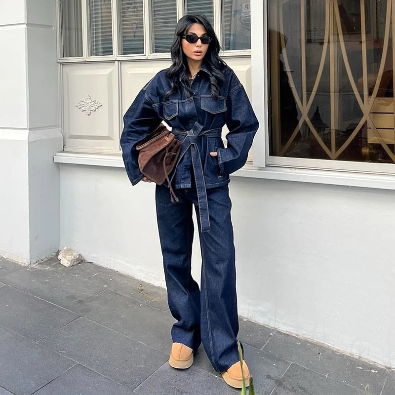Women Two Pieces Set Denim Pant Sets Single Breasted Long Sleeve Belt Coat Wide Leg Trousers Jeans Female 2 Pieces Outfits
