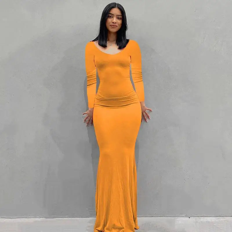 2025 Autumn Long Sleeve Dresses For Women Sexy V Neck Bodycon Solid Elegant Long Dress Y2k Skinny Trumpet Maxi Vestidos