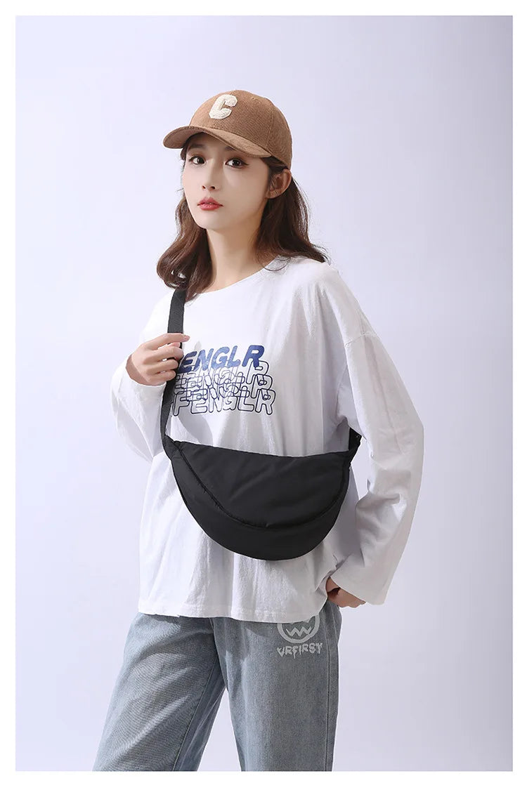 Solid Color Women's Portable Shoulder Bag Simple Female Nylon Cloth Padded Crossbody Bags Travel Purse Handbags Messenger Bag