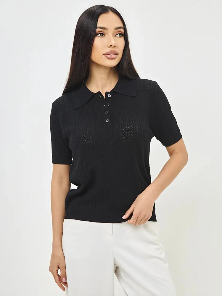 Tornova Short Sleeve Knitted T shirt Woman Summer Casual Loose Lapel Solid Ins Hot Tops Pullover Female Sweater T shirt Outwear