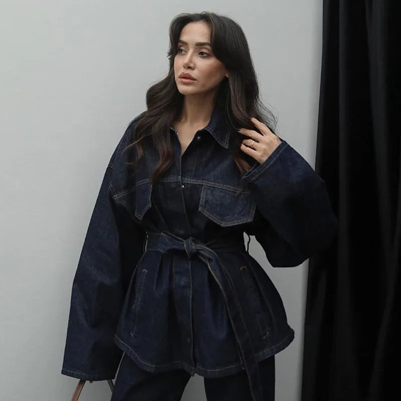 Women Two Pieces Set Denim Pant Sets Single Breasted Long Sleeve Belt Coat Wide Leg Trousers Jeans Female 2 Pieces Outfits