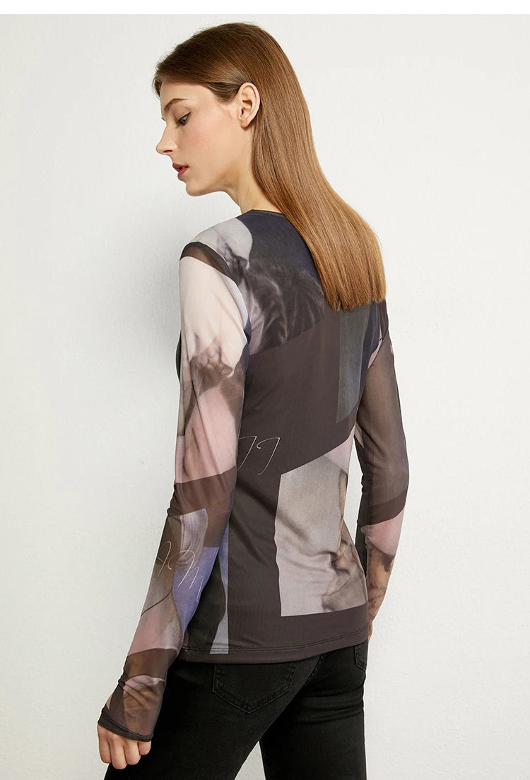 AMII Minimalism Long sleeve T-shirts for Women 2025 Spring New Bottoming Shirt Mesh Printing Inside Slim Trendy Tops 12421003